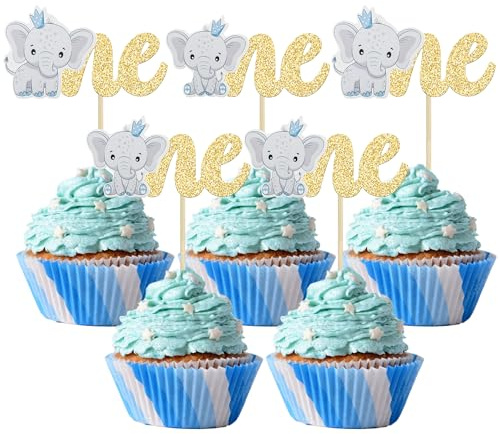 Gyufise 24pcs Elephant Cupcake Toppers - Gold Glitter First Birthday Elephant Theme Party Decorations