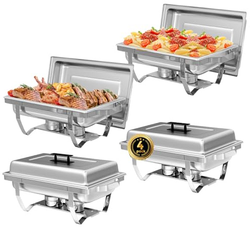 IMACONE 4 Pack Chafing Dish Buffet Set, 8QT Stainless Steel Rectangular Chafers and Buffet Warmer Sets for Catering, with Food & Water Pan, Lid, Foldable Frame, Fuel Holder for Event Party Holiday