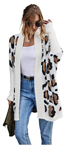 HEYPORK Damen Herbst Winter Warm Bequem Jacke Casual Mode übergangsjacke Mantel Frauen Strickjacke Jacke Persönlichkeit Mode Leopardenmuster Gestrickt Pullover(Weiß, L)