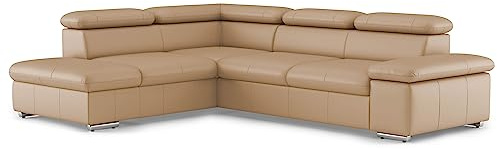 CAVADORE Valerie Canapé d'angle en Cuir véritable avec méridienne/Canapé d'angle avec tête de lit réglable + Pieds en métal / 272 x 73 x 226 / Cuir Beige