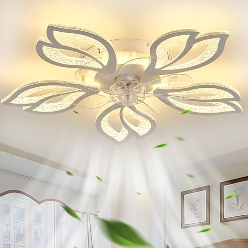 GWYAJTU Lampadario Con Ventilatore Da Soffitto Design E Telecomando, Plafoniera Con Ventilatore Silenzioso LED Dimmerabile, Ventola Lampadario Reversibile 6 Velocità Per Camera Da Letto-White
