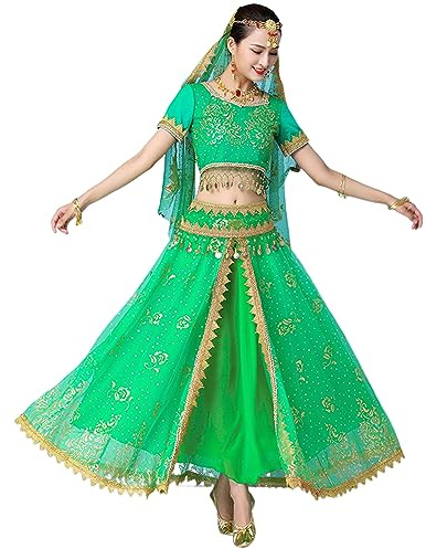 OTMYIGO Bollywood Kleid Erwachsene Kostüm Frauen Indischer Tanz Set Bauchtanz Sari Kleidung Tanz Performance Kleidung Chiffon Rock Set,Grün,XL