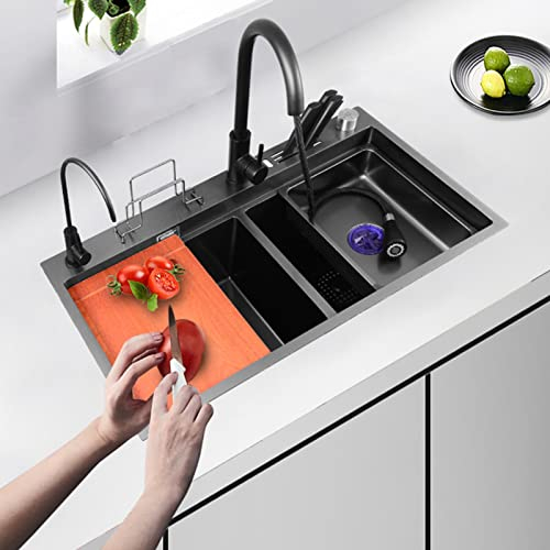 Doppelwaschbecken, Nano-Edelstahl-Unterbau-Küchenspüle, mit ausziehbarem Wasserhahn, Messerhalter und Abfluss für die Arbeitsplatzküche (Farbe: Schwarz-Grau, Größe: 78 x 46 cm)