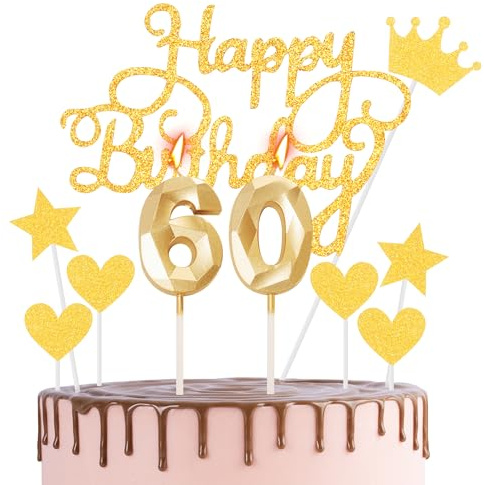 HONGCI Gold 60th Birthday Cake Topper & Candles - 2pcs Gold Number 60 Candles, Perfect for Birthday Cakes, Cupcakes, Desserts