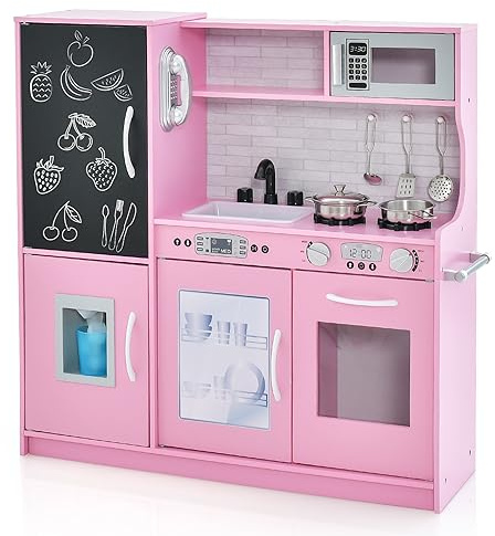 HONEY JOY Pink Kids Kitchen Playset, Wooden Little Chef Pretend Toy Kitchen Set w/Chalkboard, Telephone, Utensils, Oven, Microwave, Sink, Play Kitchen for Toddlers, Gift for Boys Girls, Pink