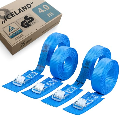 valonic Iceland - 4X 4m Spanngurte mit Pad, Blaue Fahne, 25mm, 250kg, TÜV Rheinl. / GS Zertifiziert EN-12195-2 - Spanngurt mit Klemmschloss für Auto Dachbox, SUP Board, Kajak, blau