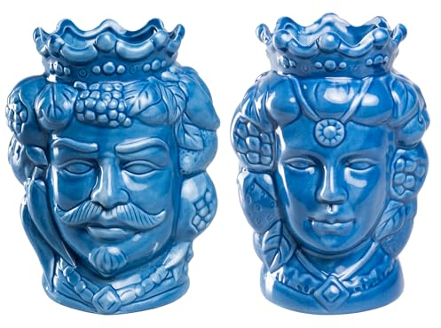 Morgan Coppia Teste di Moro Re e Regina Caltagirone, Stile Ceramiche Siciliane, Vaso in Ceramica Blu 12x18 cm