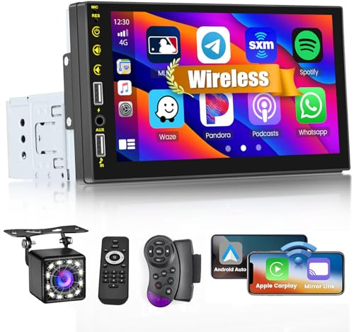 Hikity 1 DIN Autoradio con 7 Pulgadas Wireless CarPlay Android Auto | Auto Radio con Bluetooth CarPlay Pantalla Táctil FM Receptor DVR Mirror Link Coloreado Retroiluminación, Cámara de Retroceso