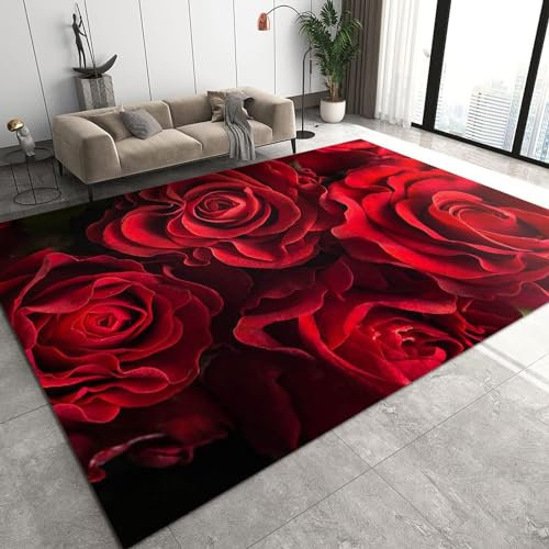 Teppich mit roter Rose, romantischer Teppich mit rotem Blumendruck, rutschfeste Kinderteppiche für den Innenbereich, maschinenwaschbar, atmungsaktiv, langlebiger Teppich für die Bodendekoration des