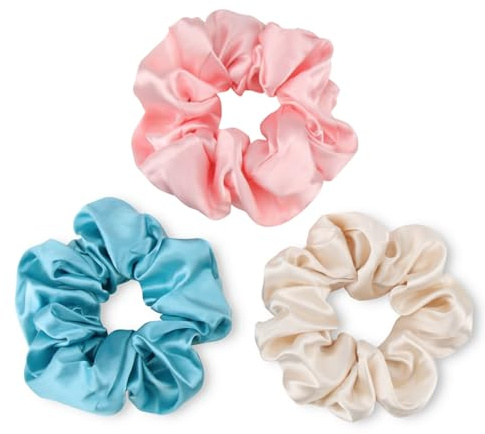 GlasFlength Seide Haargummi Silk Scrunchies, 3 Stück Seide Haarringe Mädchen Weiche Elastische Starker Halt Satin Scrunchies für Damen Frauen Haarschmuck (Rosa + Himmelblau + Champagner)