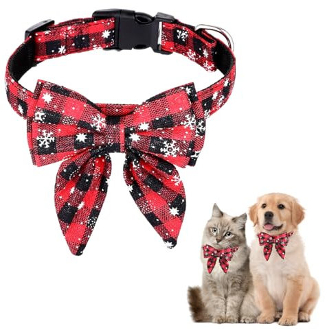 Hundehalsband Weihnachten, Weihnachtshalsband Hund, Katzenhalsband mit Schleife, Fliege für Hunde, Niedliches Karomuster, Hunde Weihnachtskostüm, Haustier Halsband für Kätzen und Hunde(M)