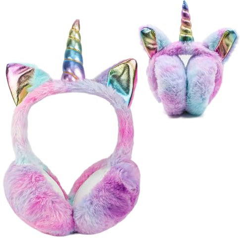 BTHRORO Unicorn Earmuffs for Kids, Foldable Ear Muffs Cute Winter Warm Ear Warmer Plush Ear Covers for Indoor and Outdoor