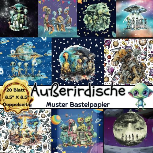 Außerirdische Muster Bastelpapier: Scrapbooking Papier Mit Aliens | 8.5 x 8.5, Quadratisch, Doppelseitig I Junk Journal I Decoupage I DIY Karten | Dekoratives Motivpapier | Kinder