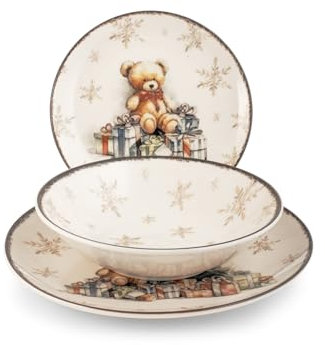 H&H, Servizio tavola 18 pezzi Majestic, set tavola natalizio, decoro orsetto, in stoneware, lavabile in lavastoviglie