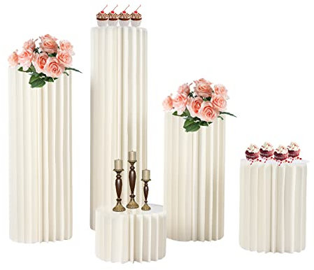 WOLEGM 5PCS Hochzeit Karton Blumensäule Vasen, Faltbarer Mittelstücke Blumenständer mit Acryl-Platten für Veranstaltungen und Blumenwegweisern, Weiß