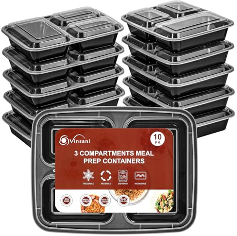 Vinsani 3 Compartment Meal Prep Containers – 10/20/30 Pack 32oz BPA-Free Reusable Plastic Food Storage Trays with Lids, Stackable Bento Lunch Boxes – Microwave, Freezer & Dishwasher Safe