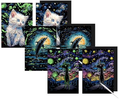 Kratzbilder Set,DIY Bastelsets,Nachtleuchtendes Kratzmalpapier-Set,kreatives mehrfarbiges Malset mit im Dunkeln leuchtendem Effekt Magic Scratch Art Papier Set(Welpe+Delphin+weiße Katze)