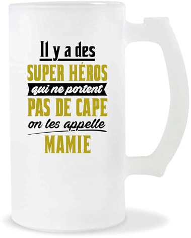 Otshirt Verre à Bière Mamie Super Héro | Chope de Bière Pinte | Idée Cadeau Grand-Mère Humour Original Noël Anniversaire Famille Drôle Fête des Grands-Mères