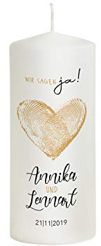 Scheinvoll® Hochzeitskerze Fingerprint mit Namen, Datum, Spruch und Fingerabdrücke - Modell Annika - Hochzeitsgeschenk personalisiert (20 x 8 cm)