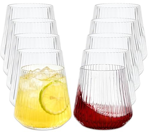 WEFHEF 8 Pcs Verres à Vin sans Pied 14oz, Gobelets à Vin Réutilisables sans BPA, Grands Verres à Boire Transparents, Gobelet Incassable Strié Vintage, pour Jus de Fruits Boisson Champagne Mariage