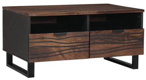 QINXIXINAIXI Table basse en noyer massif avec cadre en métal, 2 tiroirs, espace de rangement, table de salon moderne, marron/noir