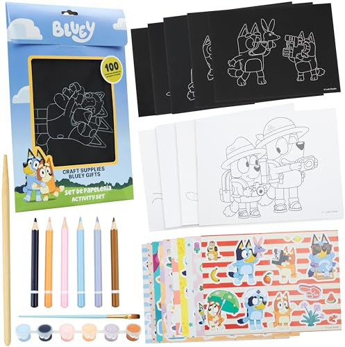 Bluey Kit Manualidades Niños, Creative Set con Hojas para Colorear, Lápices de Colores, Pegatinas, Pinturas, Scrapbooking Materiales, Regalo Niños (Multi 4-in-1 Set)