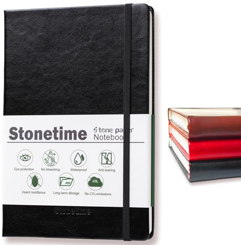 Stonetime Steinpapier Notizbuch für Damen und Herren A5, wasserdichtes Executive Journal, linierte Notizbücher zum Schreiben, Business, Arbeit & Schule, 160 Seiten (Schwarz)