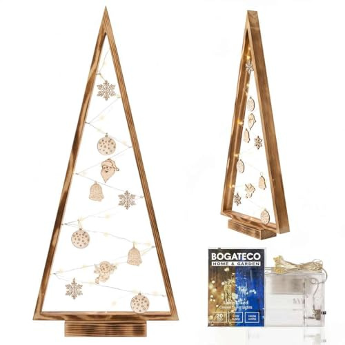 BOGATECO Weihnachtsbaum aus Holz mit LED Beleuchtung 104cm hoch | Holzdekoration inklusive | Weihnachtsdekorationen | 30 LED |