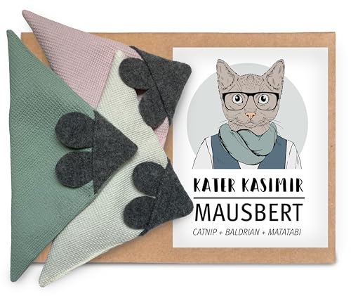 Kater Kasimir MAUSBERT Lot de 3 coussins douillets 2 en 1 avec herbe à chat bio, balériane bio et fruits Matatabi Fabriqué à la main en Allemagne