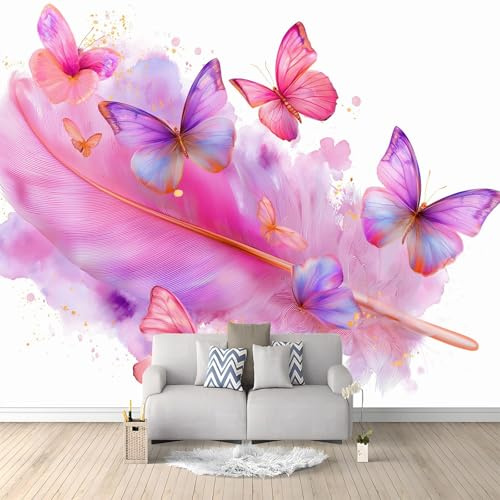 Vlies Fototapete Wasserfall 200 x 140 cm, Foto Tapete Schlafzimmer Wohnzimmer Vliestapete, Rosa Wandtapete Motivtapeten 3d Effekt Wand Dekoration - Schönheit Federn Insekten Schmetterlinge
