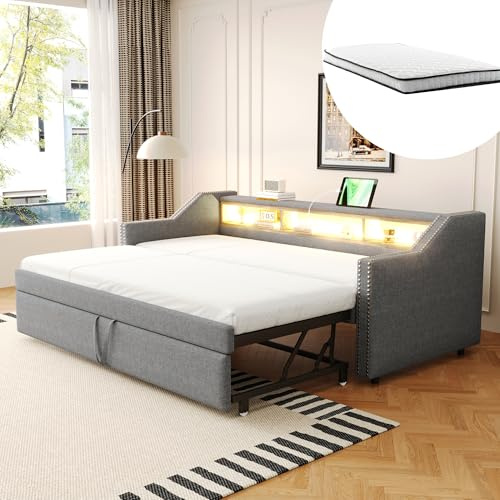 DUlVBPE Sängklädsel, utdragbar bäddsoffa, 90/180 x 190 cm, multifunktionellt förvaringsfack, LED-ljus och USB-uttag, med ribbotten, ljusgrå (med två fjädermadrasser)