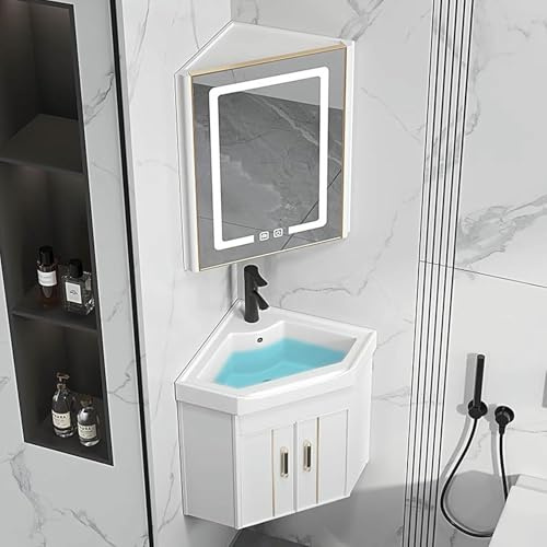 WBJGUOD Mobile Bagno angolare con lavandino, mobiletto Porta medicinali a LED antiappannamento, Vasca da Bagno a Parete per casa e Cucina
