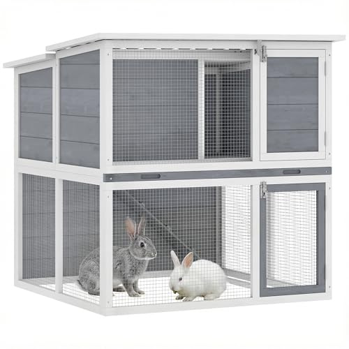 PawHut Conigliera a 2 piani in legno 98x95x102,5 cm Grigio