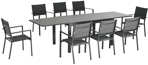 Outsunny Conjunto de Muebles de Jardín de 9 Piezas con Mesa Extensible y 8 Sillas Apilables Juegos de Comedor de Jardín con Estructura de Aluminio para Terraza y Patio Gris