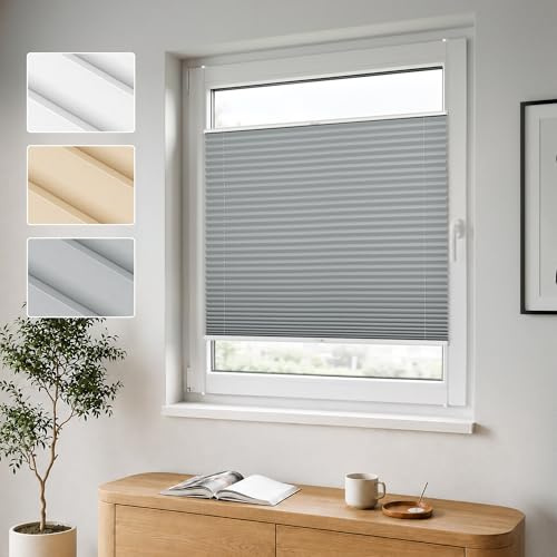 Jalousiescout TDBU Plissee Klemmfix ohne Bohren, 80x100cm (BxH), Grau | Easyfix Allday Plisseerollo Faltrollo Sichtschutz Fenster Sonnenschutz, Klemmträger Lichtdurchlässig Rollo für Fenster & Tür