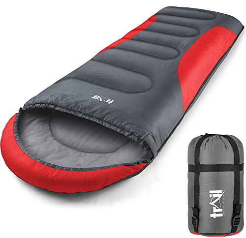 Trail-Alpin-Schlafsack mit Kapuze – 250 g Schlafsack, 3-Jahreszeiten- Schlafsack. Leicht, kleines Packmaß – mit Kapuze und Kompressionssack (Rot)