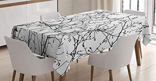ABAKUHAUS La Nature Nappe, Branches avec des Feuilles Buds, Linge de Table Rectangulaire pour Salle à Manger Décor de Cuisine, 140 x 200 cm, Noir Et Blanc