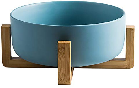 H&RB Insalatiera Nordica Opaca con Cornice in Legno, Ciotola di Frutta in Ceramica Creativa Scodella per Zuppa Grande Scodella da Tavola per La Casa (1Pz),Blu