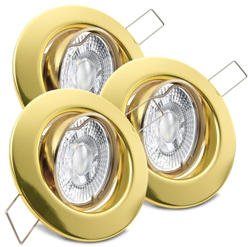trendlights24 Decora LED Einbaustrahler flach 3 Stufen dimmbar 230V 3er Set | Gold, rund, extra flach, 35mm ET, LED-Spot, 5W, 3 Step dimmbar, Neutralweiß, 4000k, austauschbar, Deckenspot, schwenkbar
