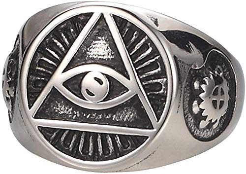 NA Anillo de Acero Inoxidable para Hombre Illuminati La pirámide del Ojo Que Todo lo ve/símbolo del Ojo Banda Plata Negro