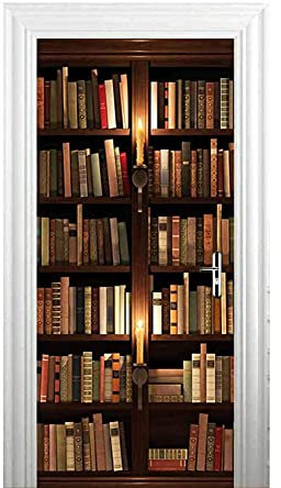 ASLKK Sticker Porte 3D Trompe l'oeil Effect, Livre De Bibliothèque Interieure Papier Peint Peintures Murales Imperméable Amovible Autocollants Auto-Adhésif pour Décoration Mur Papier Peint (95x215cm)