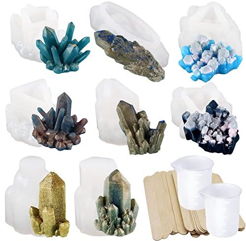 Allazone 30 Stück Kristall Silikon Formen Resin Silikonform Gießform, 8 Stück Kristall Cluster Epoxidharz Form Silikonform für Harzguss für Craft Schlüsselanhänger Halskette, Heimtextilien