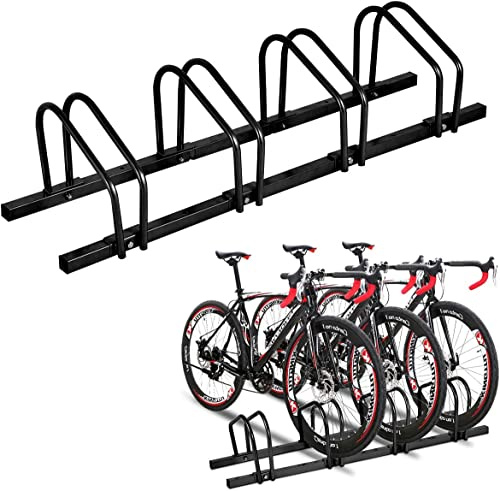 COSTWAY 4/5/6 Bike Rack, Steel Bicycle Floor Parking Stand, Cycling Garage Storage Organizer for Child, BMX, Road and Mountain Bikes (Black-4 Bike)