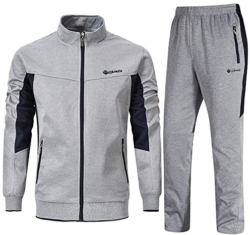 Rdruko Herren-Trainingsanzüge-Sets, durchgehender Reißverschluss, Jacken, Jogginghose, 2-teilig, lässige Jogginghose, Laufhose, Sweatshirt, Tops, Sport, Lounge-Kleidung, Marineblau und Hellgrau, XL