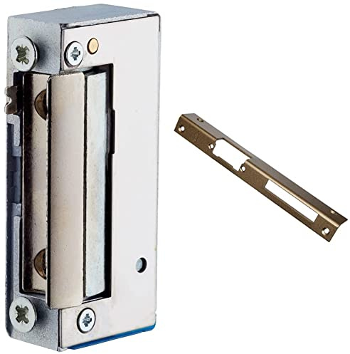 ABUS Elektrischer Türöffner ET75 - für linke und rechte Türen - 9-16 V Nennspannung - mit Hebel zur mechanischen Entriegelung & Tür-Winkelschließblech für DIN-Links Türen, hammerschlag-gold, 21534