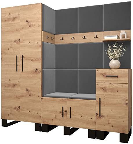 MEBLE KRYSPOL Garderobe Artin Set 1 mit gepolsterten Paneelen Industriell Design (Artisan Eiche + Manila 16 (Grau))