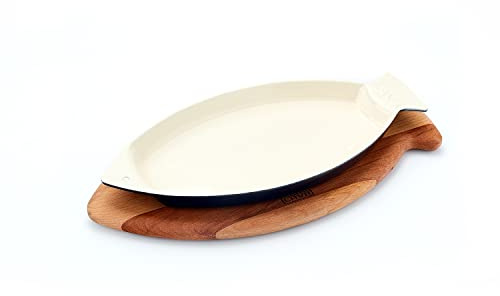 LAVA Enameled Cast Iron Fish Shaped Skillet with Wooden Service Platter, Three Layers of Enamel Coated Fish Cast Iron Grill and Serving Pan, Oven and Grill Safe (Ceramic Blue, Small (6 by 9.5))
