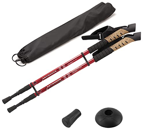 MidGard Nordic Walking Stöcke Teleskop Antischock Wanderstöcke aus Aluminiumlegierung mit Korkgriff & Dämpfung verstellbar in der Länge 70-135 cm Rot