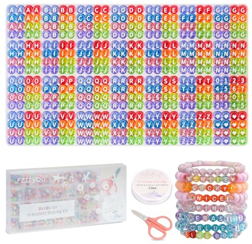 FZIIVQU 1450 Stück Buchstaben Perlen Kit, Acryl 4x7mm Runde Alphabet Perlen | BuchstabenPerlen A-Z Herz Perlen und Zahl Perlen zum Armbänder Halsketten DIY Schmuck Machen