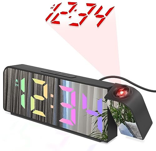 Luckits Sveglia con Proiettore, Sveglia con Proiettore Soffitto, Sveglia Digitale da Comodino con Temperatura, Snooze, Luminosità Regolabile, 12/24H, Sveglia A Specchio per Camera da Letto (Argento)